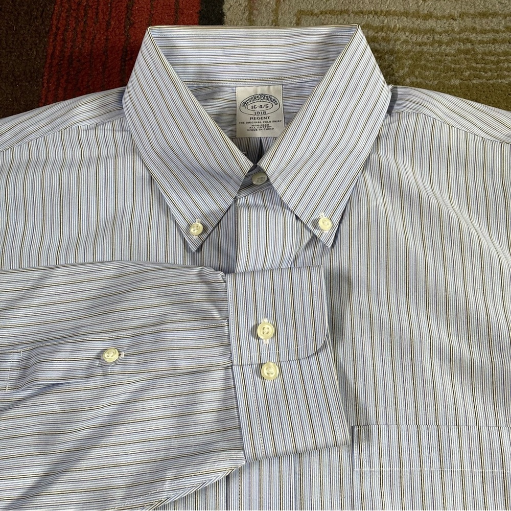 Brooks Brothers Regent Striped Grey Blue Button Original Polo Shirt Sz 16-4/5